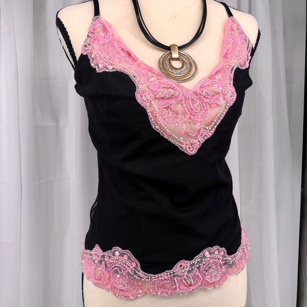 Cache Vintage Black Pink Beaded Fairy Top Medium - Picture 2 of 7
